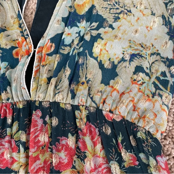 Hemant & Nandita Della Long Sleeve Mini Dress Green Floral Gold Size XS - Picture 6 of 11